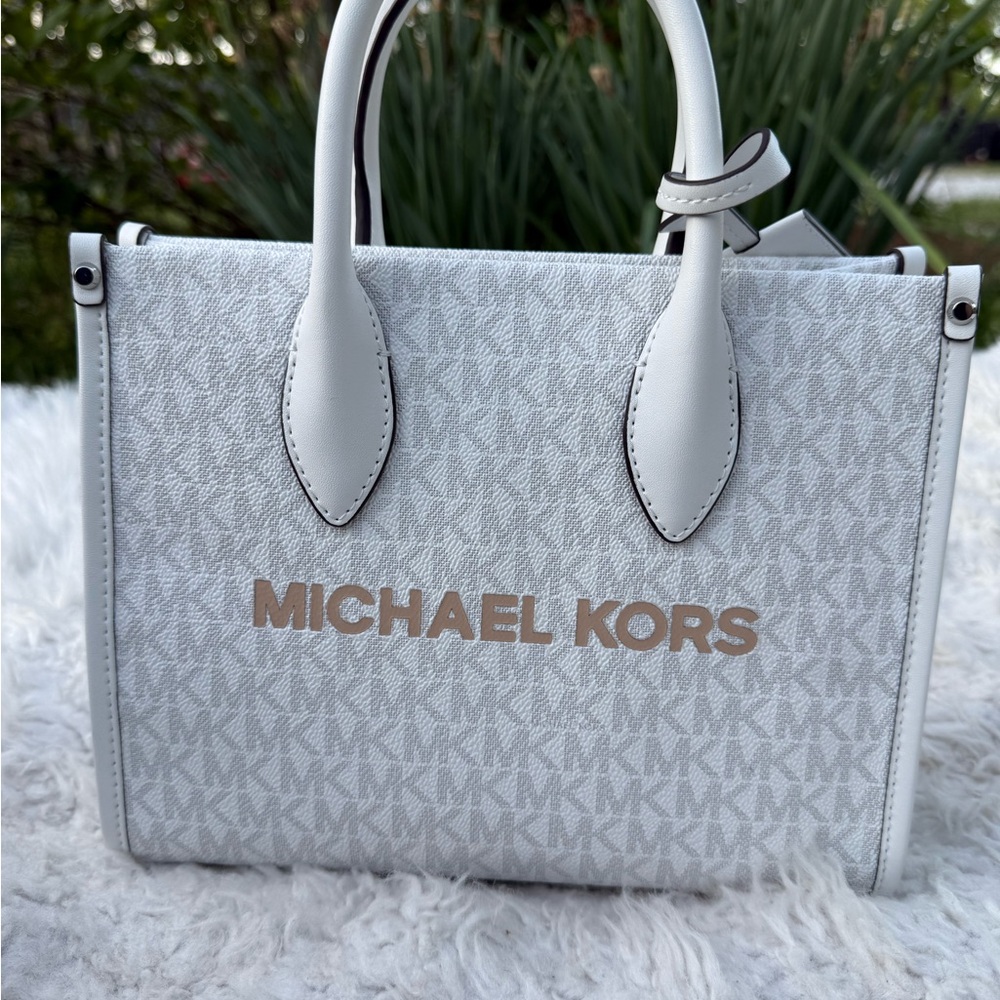 Michael Kors Mirella Small Leather Mk Logo Broad Shoulder Strap optic white